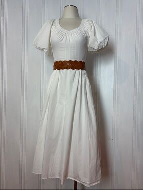 White Cotton Puff Sleeve Midi Dress | Size XS